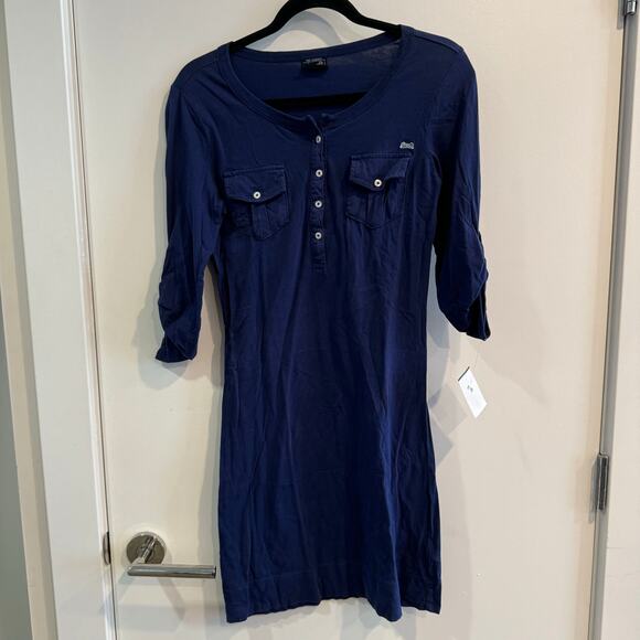 The Classic La Tigre Mini Dress Blue Button Flap Pockets Roll Tab Sleeve Sz M - Picture 1 of 5